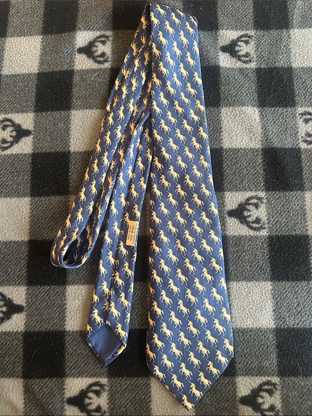 Hermes Navy Silk Tie With Gold Horse Motif